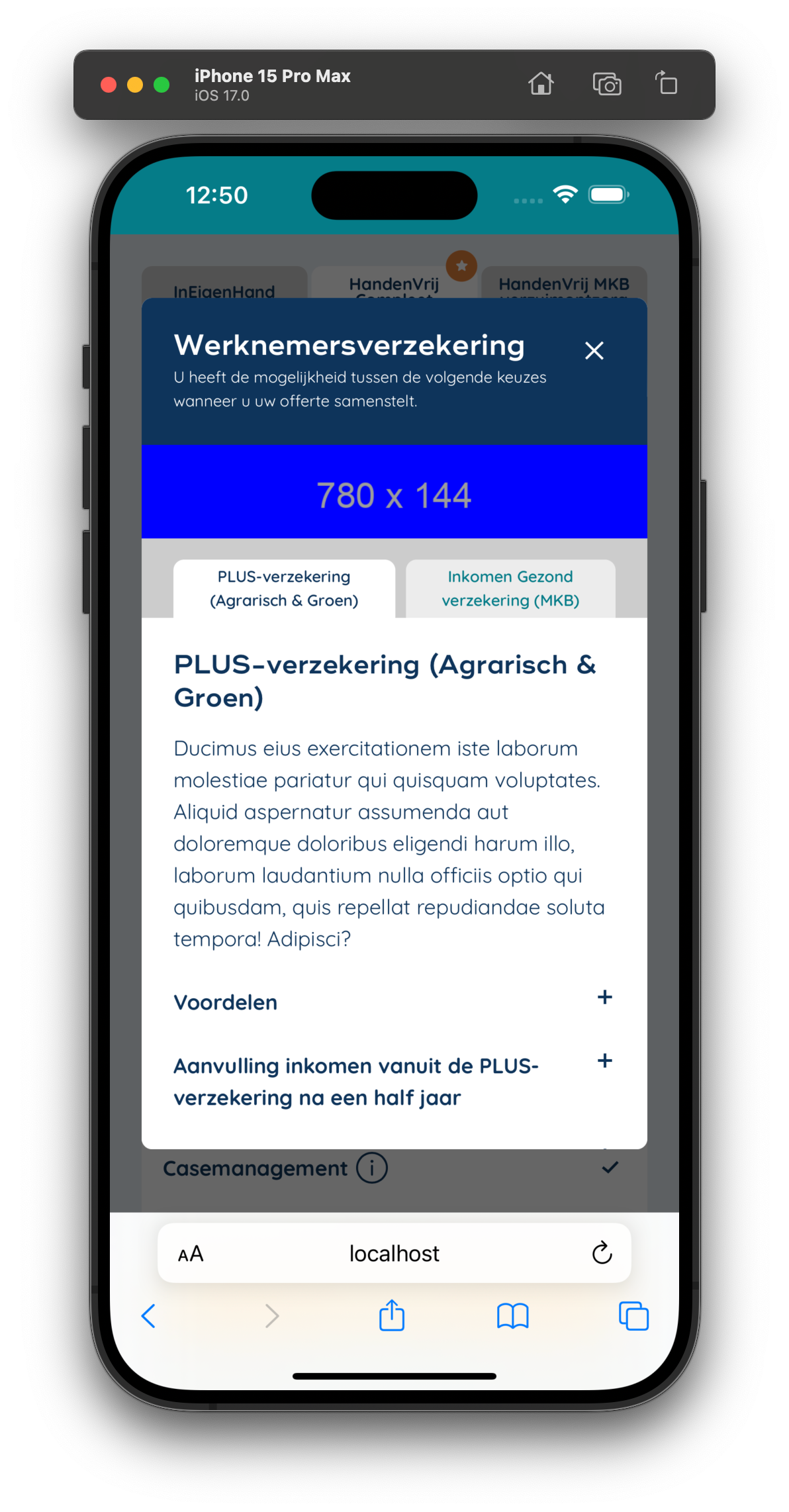 Screenshot of the the modal dialog on a small screen